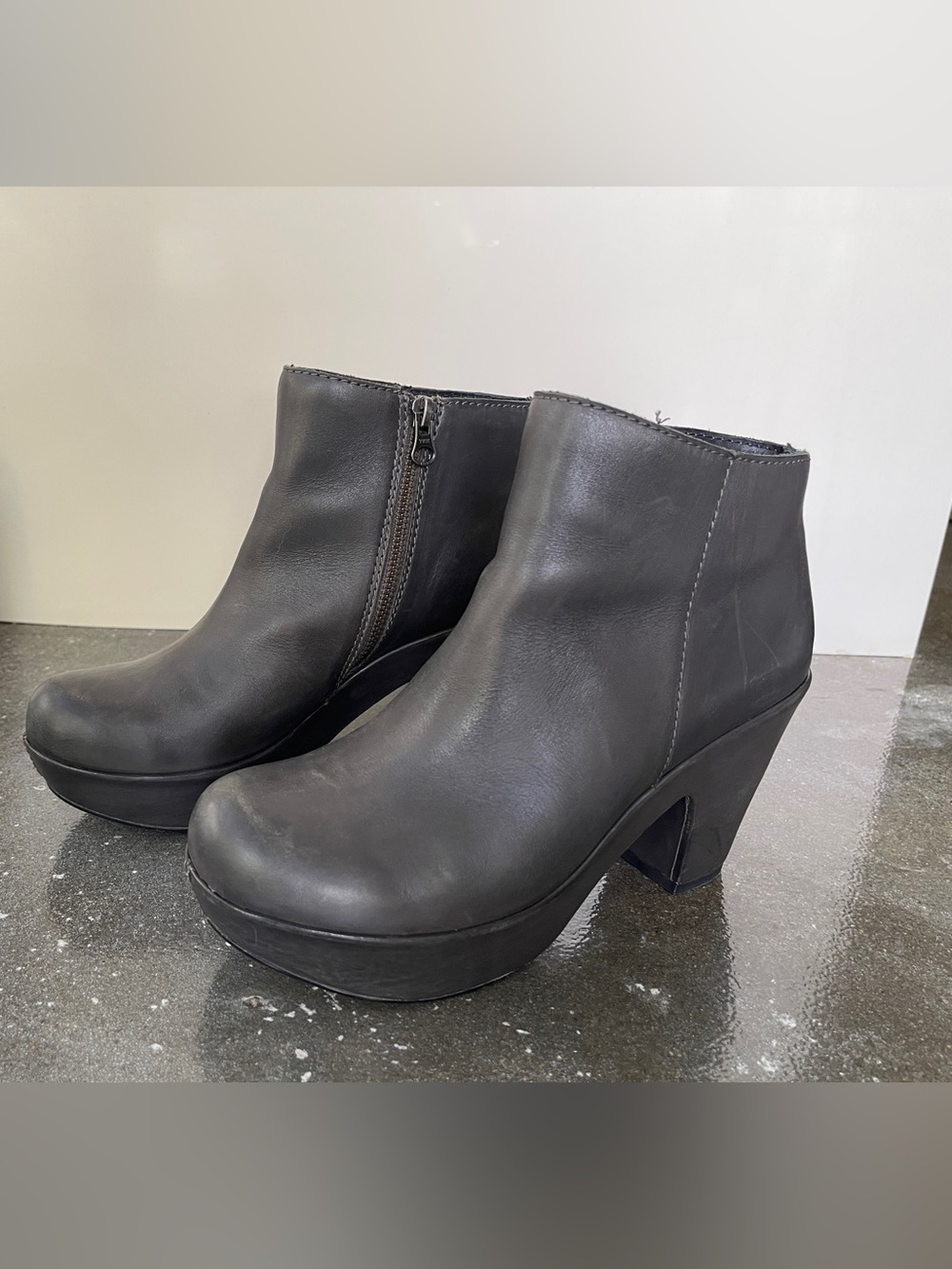 Kork-Ease Dark Grey Platform Ankle Booties with Side Zip.